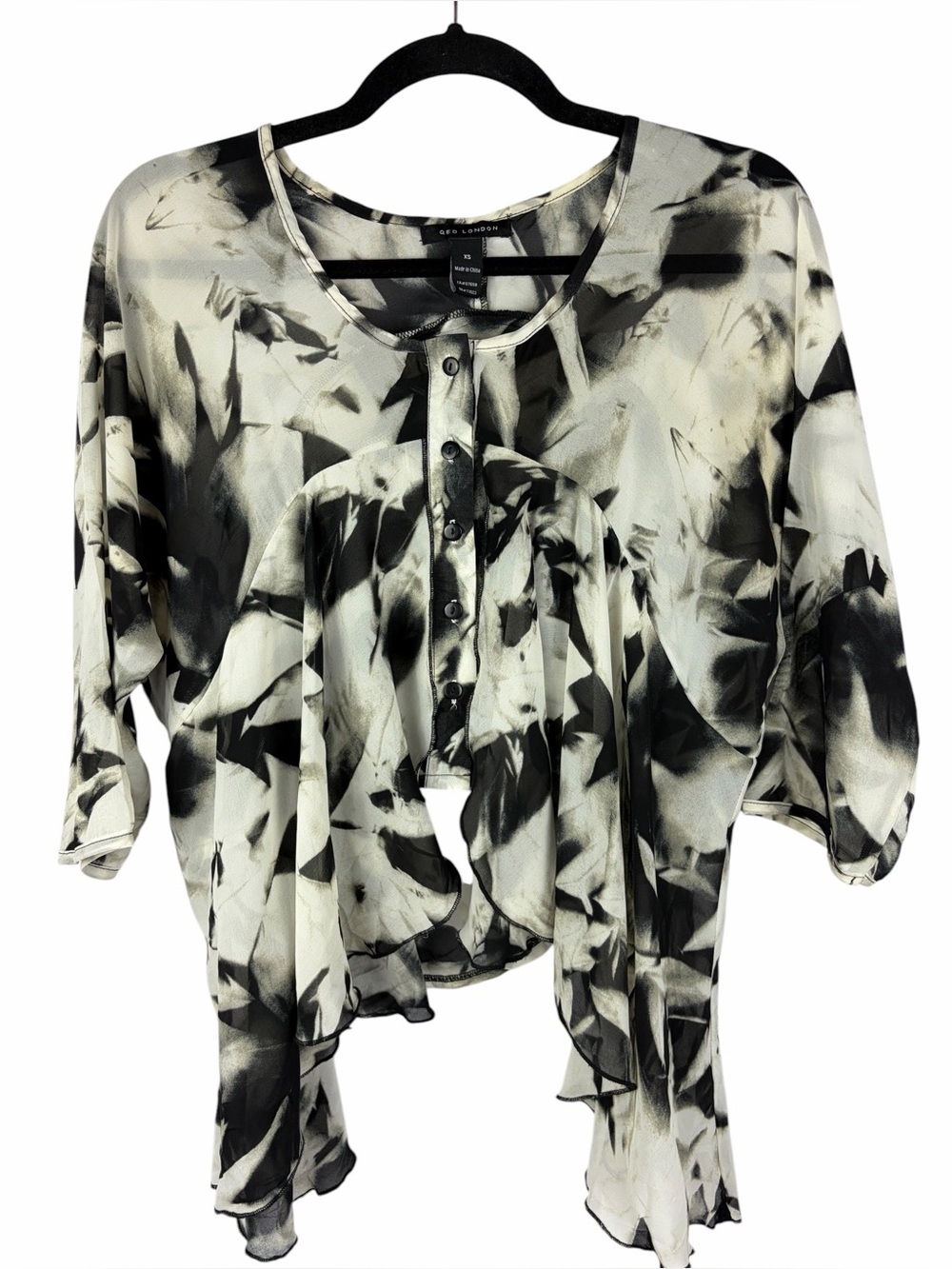 QED London XS Black Ivory Abstract Floral Ruffle Waterfall Blouse Top